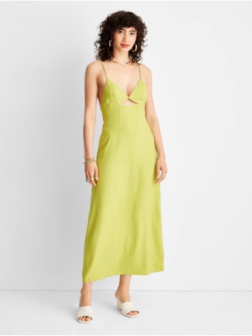Lime Green Spaghetti-Strap Maxi Dress with Front Cutout